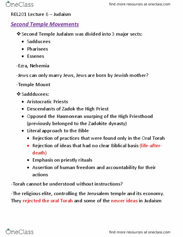 RELS 201 Lecture Notes - Lecture 6: Second Temple Judaism, Temple Mount, Zadok thumbnail