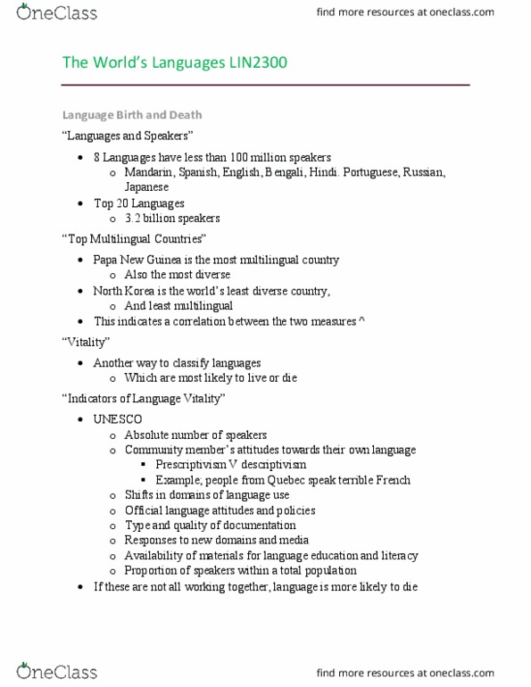 LIN 2300 Lecture Notes - Lecture 8: Endangered Language, Critically Endangered, Kayardild Language thumbnail