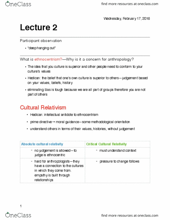 ANTH 1150 Lecture Notes - Lecture 2: Cultural Relativism, Ethnocentrism, Participant Observation thumbnail