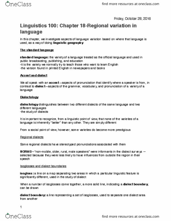 LING 100 Chapter Notes - Chapter 18: Dialect Continuum, Isogloss, Dialect thumbnail