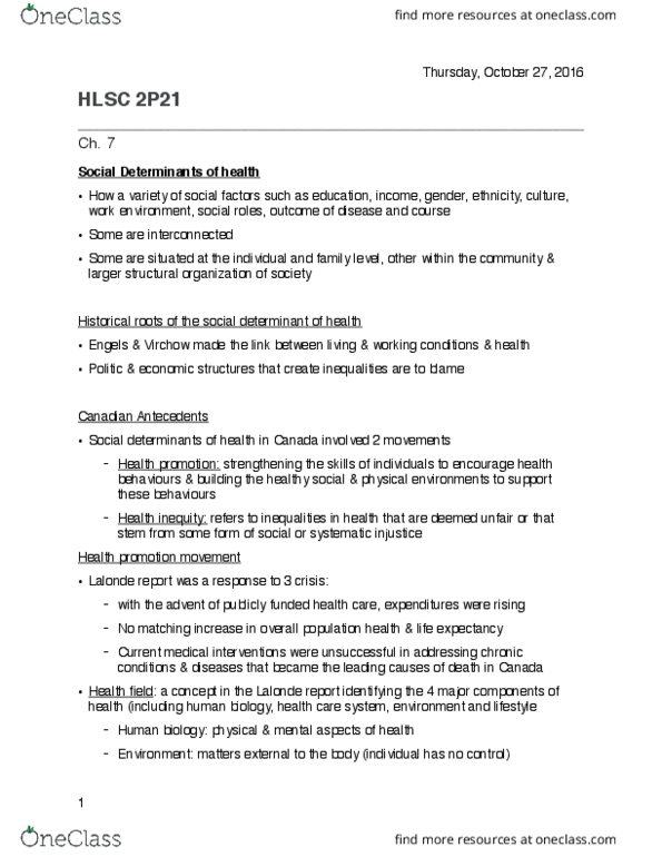 HLSC 2P21 Chapter Notes - Chapter 7: Health System, Health Promotion, Participaction thumbnail