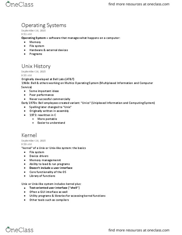 CISC 220 Lecture Notes - Lecture 2: Multics, Bell Labs, File System thumbnail