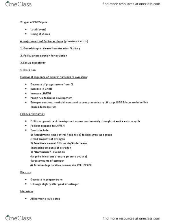 ANSC 340 Lecture Notes - Lecture 20: Follicular Fluid, Follicular Phase, Prostaglandin F2Alpha thumbnail