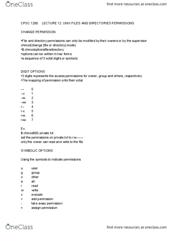 CPSC 1280 Lecture Notes - Lecture 12: Umask, File System Permissions, Chmod thumbnail