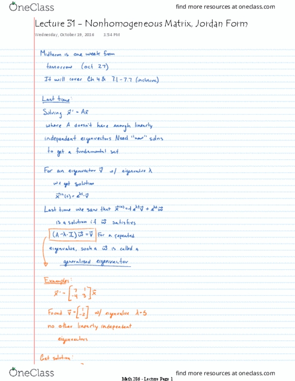 MATH 286 Lecture 31: Nonhomogeneous Matrix, Jordan Form thumbnail
