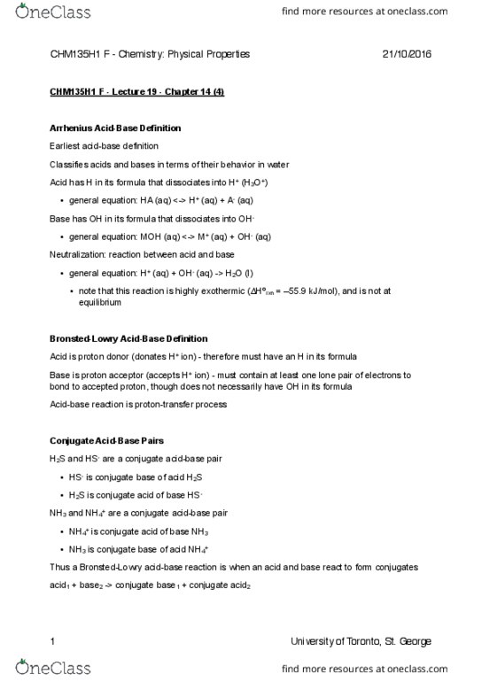 CHM135H1 Lecture Notes - Lecture 19: Conjugate Acid, Lone Pair, Hydronium thumbnail