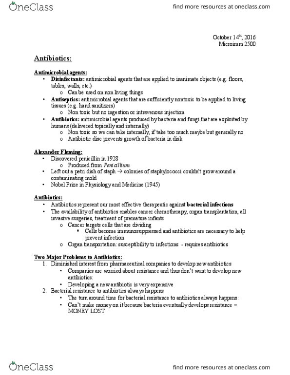 Microbiology and Immunology 2500A/B Lecture Notes - Lecture 10: Minimum Inhibitory Concentration, Penicillin Binding Proteins, Glycopeptide Antibiotic thumbnail