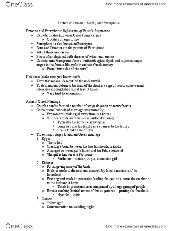 Classical Studies 2200 Lecture Notes - Lecture 6: Homeric Hymns, Celeus, Proserpina thumbnail