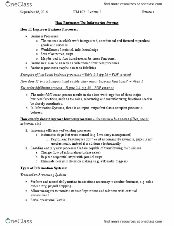 ITM 102 Lecture Notes - Lecture 2: Business Intelligence, Management System, Accounts Payable thumbnail