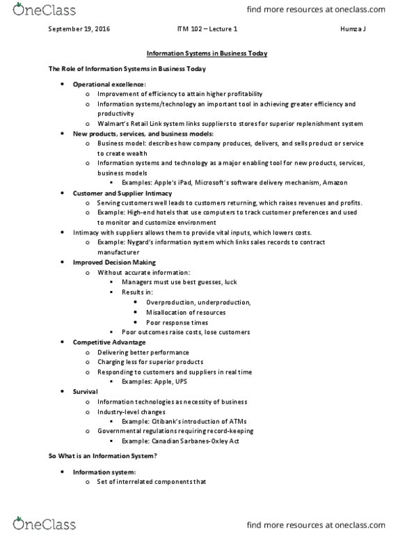 ITM 102 Lecture Notes - Lecture 1: Avoidance Speech, Information System, Operational Excellence thumbnail