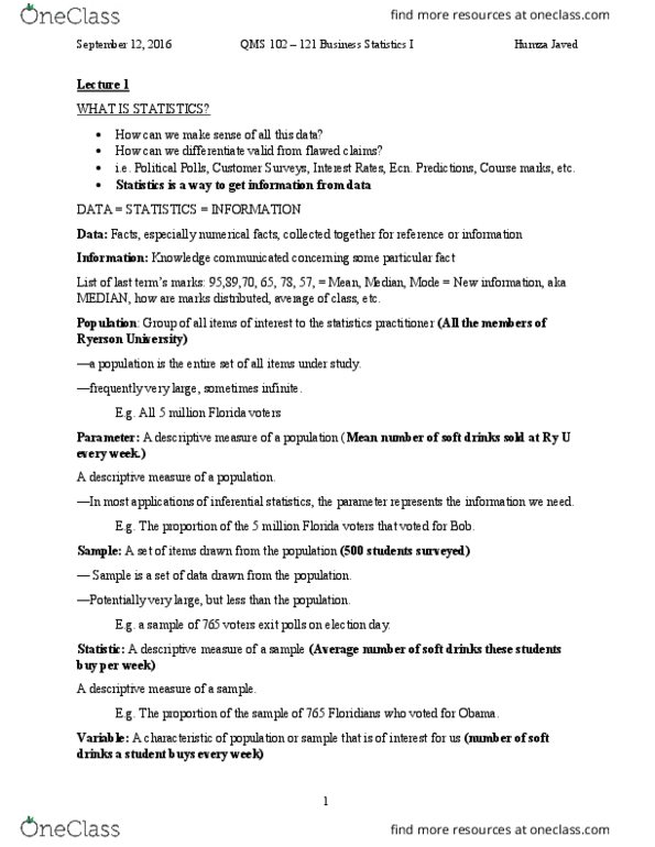 QMS 102 Lecture Notes - Lecture 1: Statistical Inference, Level Of Measurement, Descriptive Statistics thumbnail