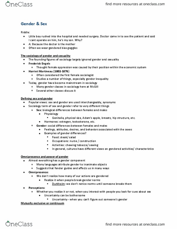 SOCI 210 Lecture Notes - Lecture 12: Harriet Martineau, Intersex, Friedrich Engels thumbnail