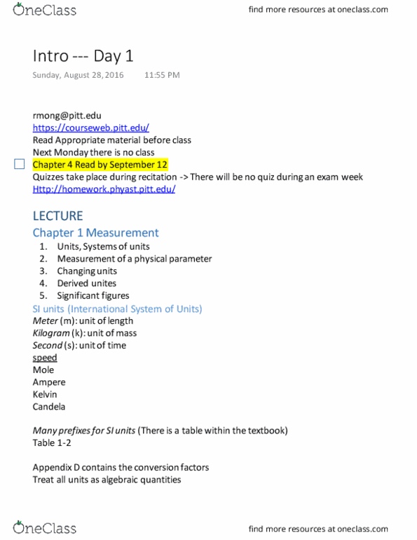 PHYS 0174 Lecture Notes - Lecture 1: Kilogram thumbnail