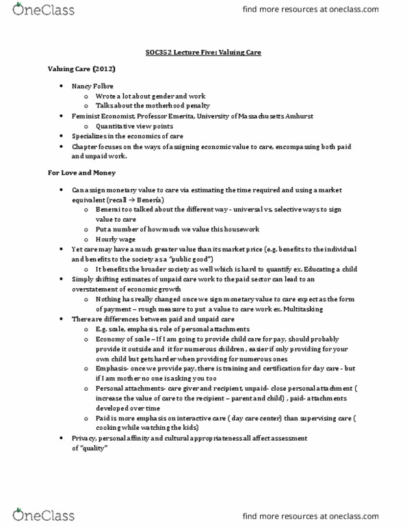 SOC352H5 Lecture Notes - Lecture 5: Nancy Folbre, Motherhood Penalty, Child Care thumbnail