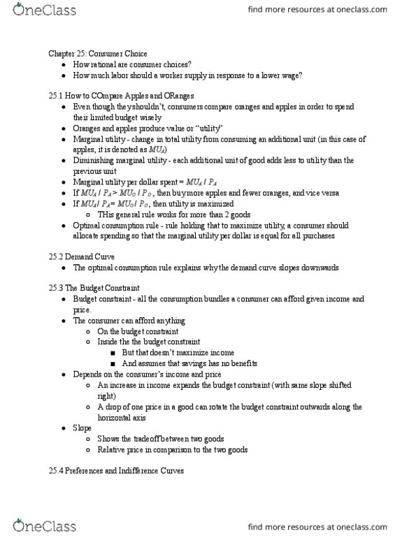 ECON 1201 Chapter Notes - Chapter 25: Budget Constraint, Marginal Utility, Indifference Curve thumbnail