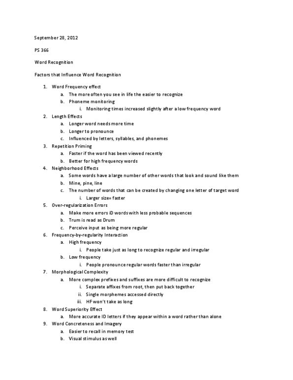 PS366 Lecture Notes - Part Of Speech, Lexical Decision Task, Cohort Model thumbnail