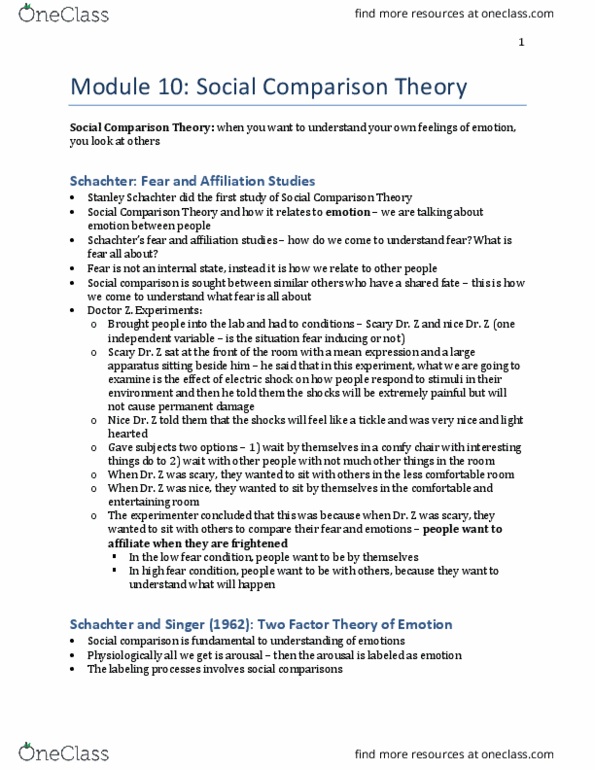 PSYCH253 Lecture Notes - Lecture 10: Social Comparison Theory, Capilano Suspension Bridge, Stanley Schachter thumbnail