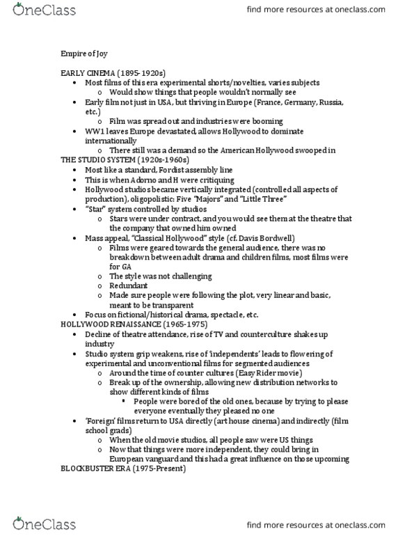 Media, Information and Technoculture 2153A/B Lecture Notes - Lecture 4: Studio System, Independent Film, Auteur Theory thumbnail