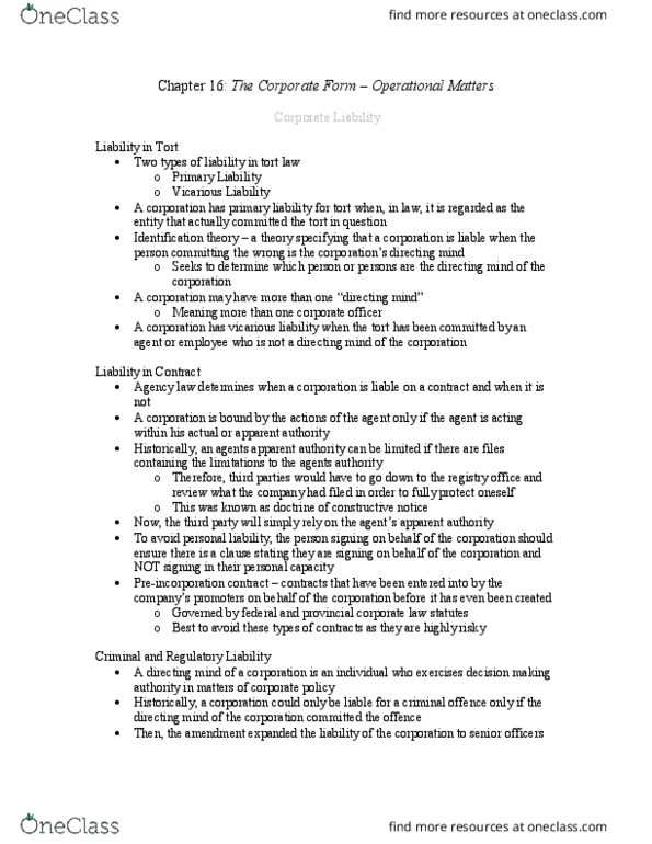 Management and Organizational Studies 2275A/B Chapter Notes - Chapter 16: Fiduciary, Corporate Title, Legal Personality thumbnail