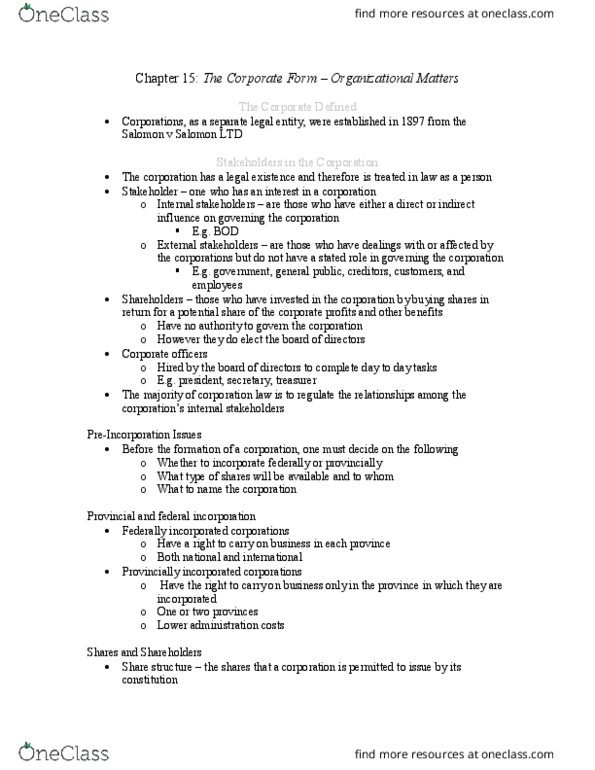 Management and Organizational Studies 2275A/B Chapter Notes - Chapter 15: Legal Personality, Transact, Insider Trading thumbnail