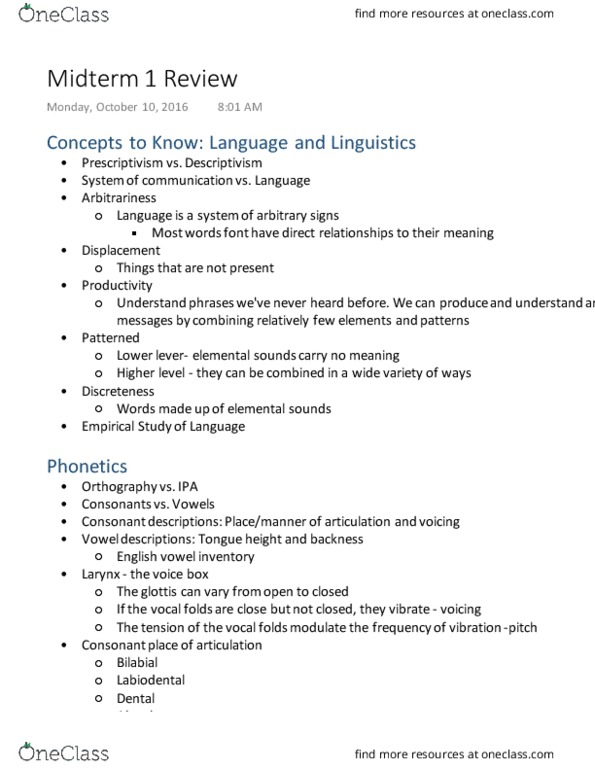 LIN 1 Lecture Notes - Lecture 7: Linguistic Description, Arbitrariness, Fricative Consonant thumbnail