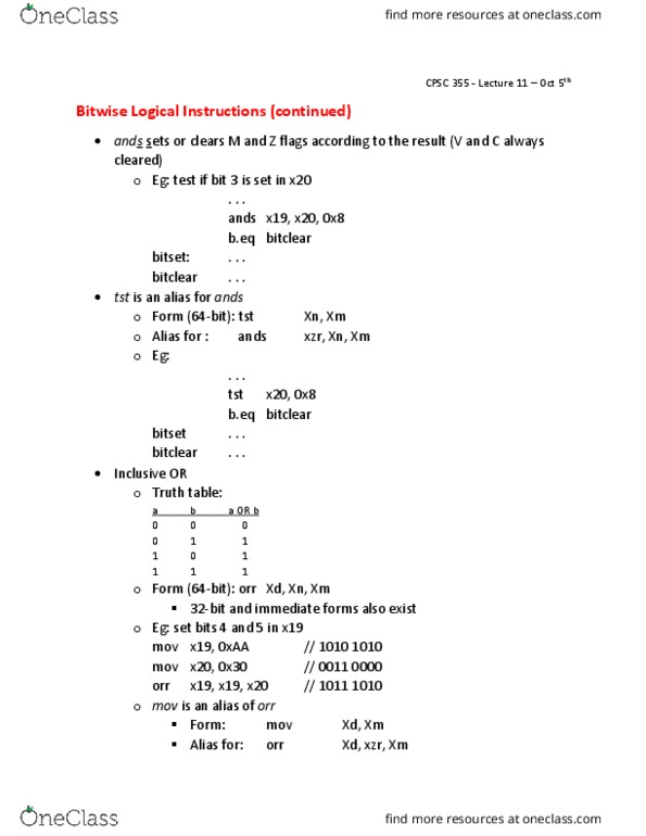 CPSC 355 Lecture Notes - Lecture 11: Truth Table, Bitwise Operation, Bit Array thumbnail