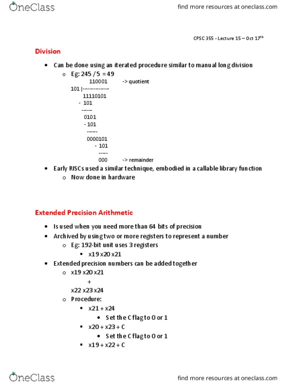 CPSC 355 Lecture Notes - Lecture 15: Negative Number, Extended Precision, C Dynamic Memory Allocation thumbnail