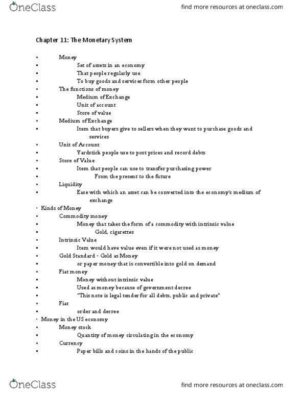 ECON 222 Lecture Notes - Lecture 11: Commodity Money, Money Market, Federal Reserve System thumbnail