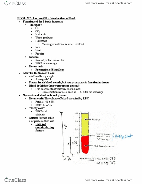 PHYSL212 Lecture Notes - Lecture 18: Hematocrit, Immunology, Blood Vessel thumbnail