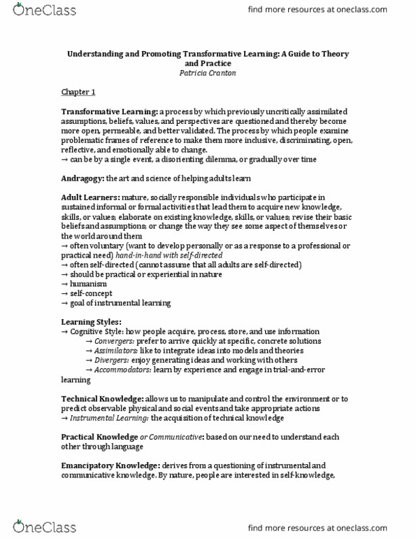 EDRD 3120 Chapter Notes - Chapter 1-3: Andragogy, Individualism, Personal Development thumbnail