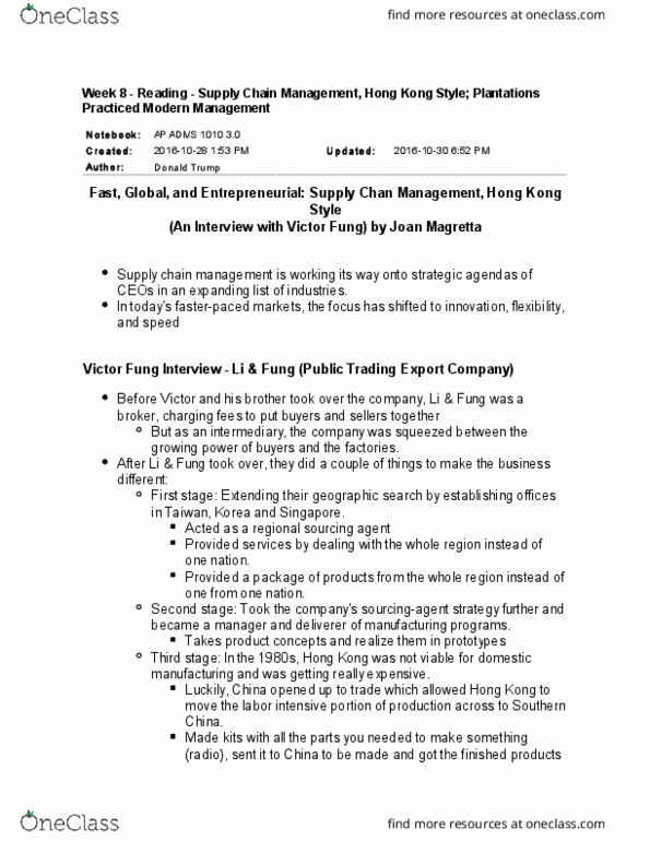 ADMS 1010 Chapter Notes - Chapter Articles: Victor Fung, Li & Fung thumbnail