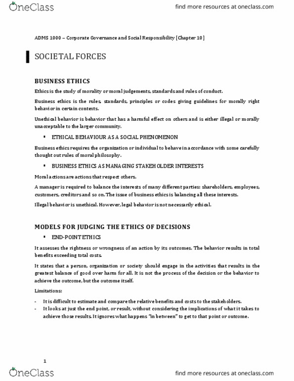 ADMS 1000 Chapter Notes - Chapter 10: Role Theory, Business Ethics, Social Contract thumbnail