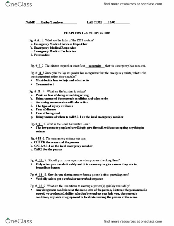 HPER-H - Health, Physical Education And Recreation HPER-H 160 Chapter Notes - Chapter 1-5: Emergency Medical Responder, Unconsciousness, Emergency Medical Technician thumbnail