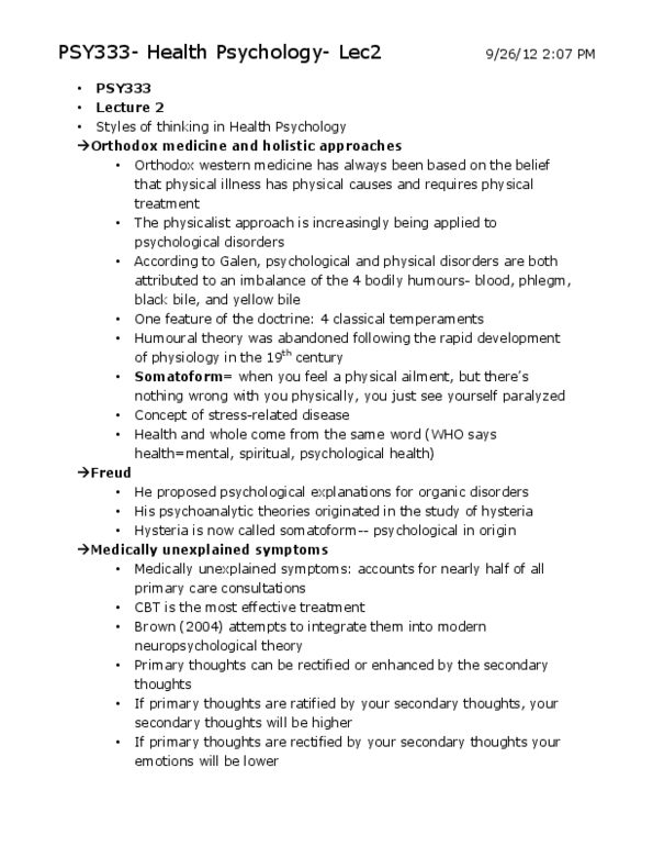 PSY333H1 Lecture Notes - Medically Unexplained Physical Symptoms, Radical Change, Emotional Reasoning thumbnail