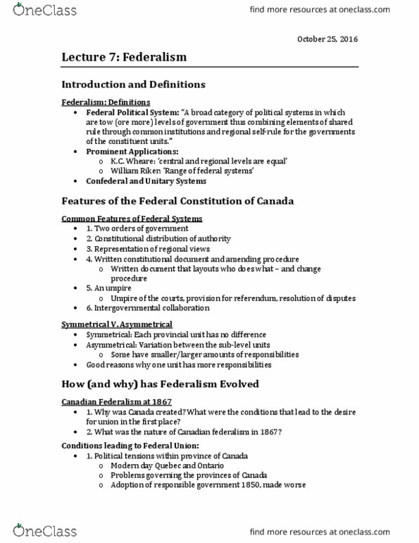 Political Science 2230E Lecture Notes - Lecture 7: Provincial Rights Party, William Riker, Responsible Government thumbnail