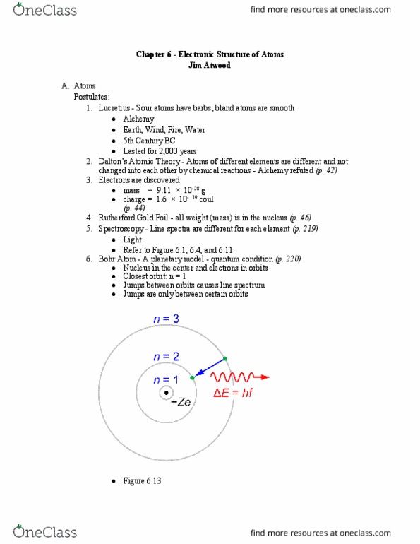 CHE 101 Chapter Notes - Chapter 6: Azimuthal Quantum Number, Magnetic Quantum Number, Matter Wave thumbnail