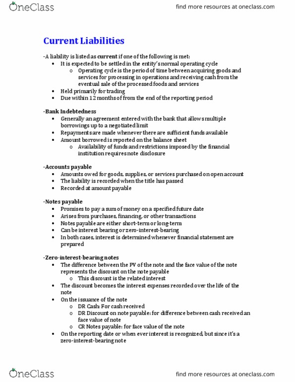 BU397 Lecture Notes - Lecture 16: Retained Earnings, Interest Bearing Note, Current Liability thumbnail