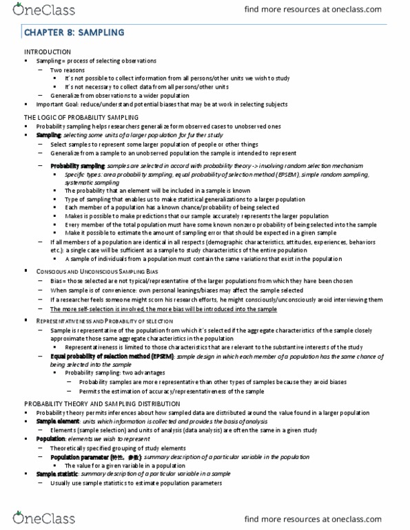 CRIM 220 Chapter Notes - Chapter 8: Stratified Sampling, Confidence Interval, Simple Random Sample thumbnail