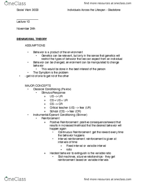 SOCWORK 3E03 Lecture Notes - Lecture 10: Therapeutic Relationship, Reinforcement, Classical Conditioning thumbnail