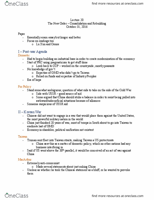 HIEA 2031 Lecture Notes - Lecture 20: Grain, Deng Xiaoping, Liu Shaoqi thumbnail