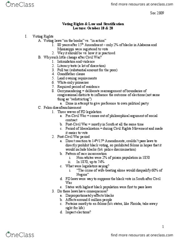 SOCIOL 2309 Lecture Notes - Lecture 6: Equal Protection Clause, Strict Scrutiny, Grandfather Clause thumbnail