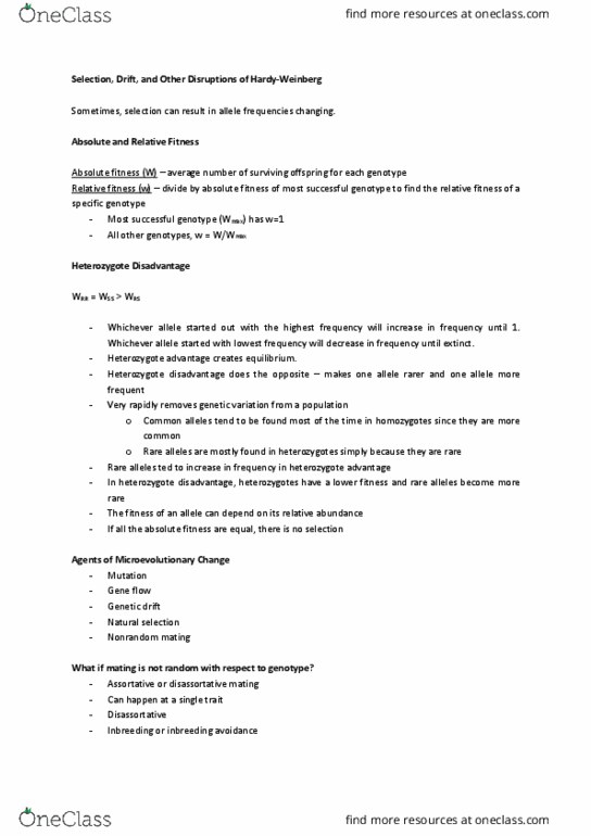 Biology 1001A Lecture Notes - Lecture 13: Assortative Mating, Heterozygote Advantage, Allele Frequency thumbnail