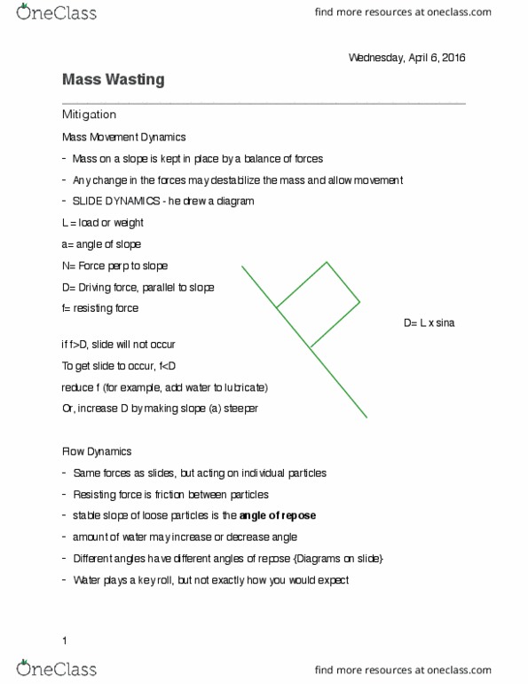 GEOL105 Lecture Notes - Lecture 10: Mass Wasting thumbnail