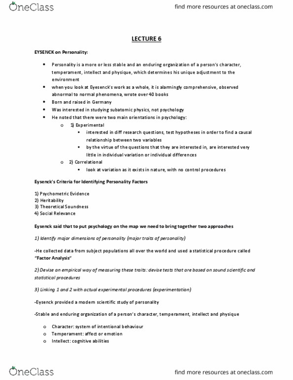 PSYC 2130 Lecture Notes - Lecture 6: Eysenck Personality Questionnaire, Brainstem, Cerebral Cortex thumbnail