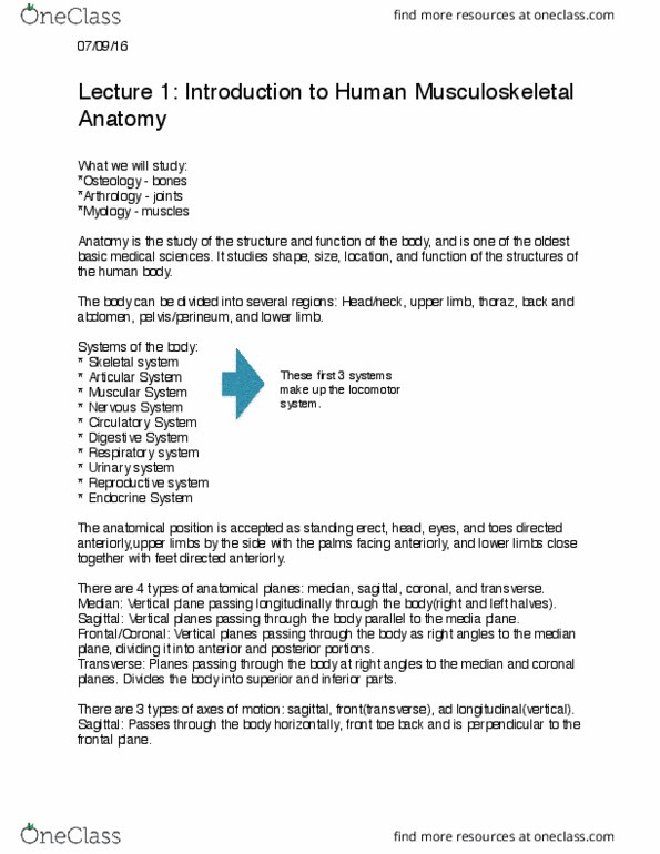 APA 1313 Lecture Notes - Lecture 1: Vertical Plane, Sagittal Plane, Median Plane thumbnail