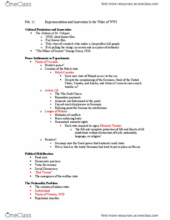 HIS242H1 Lecture Notes - Lecture 9: Minority Treaties, Red Vienna, Great Power thumbnail