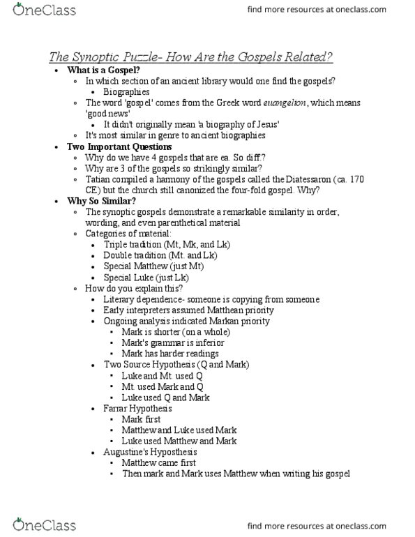 BIBL 101 Lecture Notes - Lecture 8: Synoptic Gospels, Marcan Priority, Diatessaron thumbnail