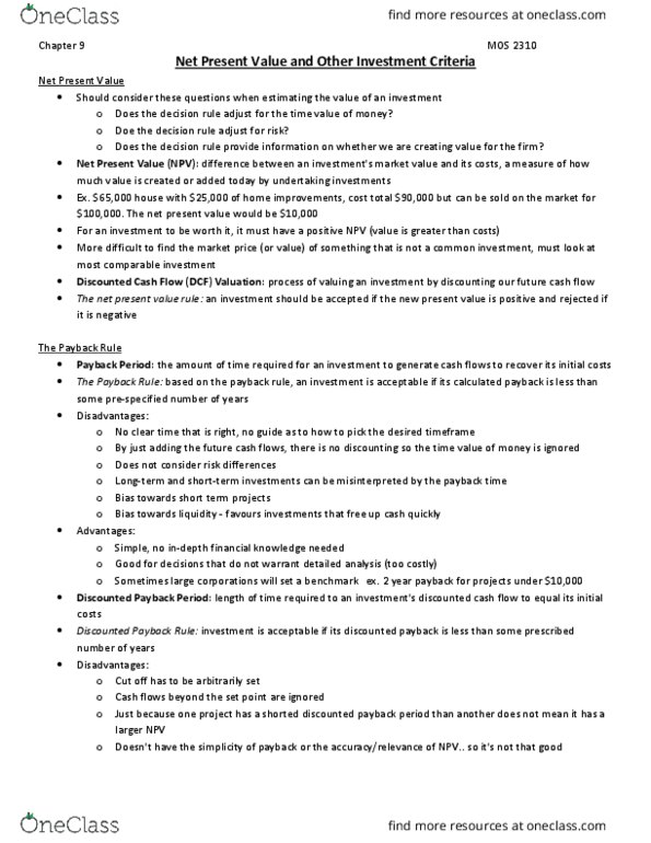 Management and Organizational Studies 2310A/B Chapter Notes - Chapter 9: Decision Rule, Cash Flow, Net Present Value thumbnail