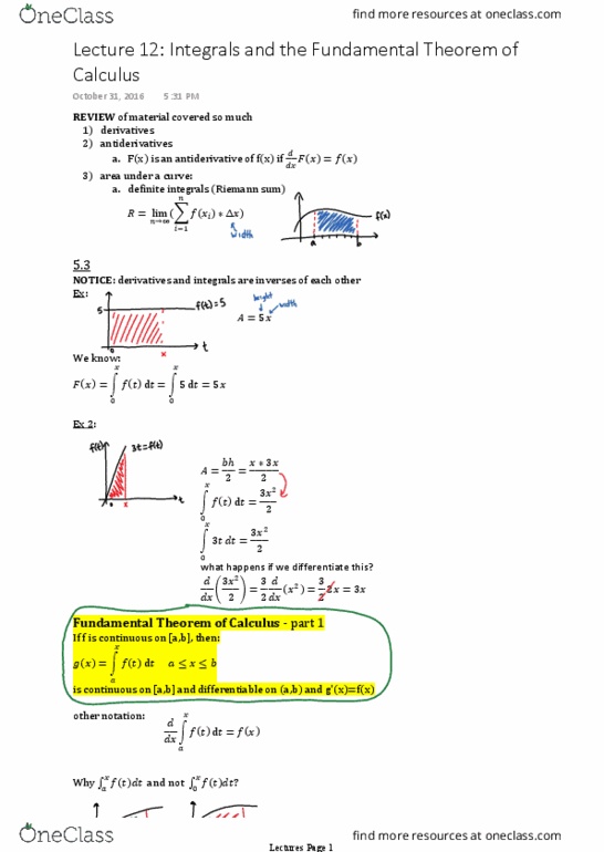 MAT 1320 Lecture Notes - Lecture 12: Riemann Sum, Antiderivative thumbnail