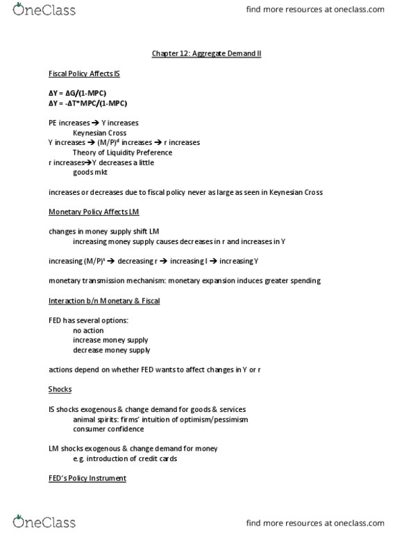 ECON 1110 Chapter Notes - Chapter 12: Monetary Transmission Mechanism, Keynesian Cross, Aggregate Demand thumbnail